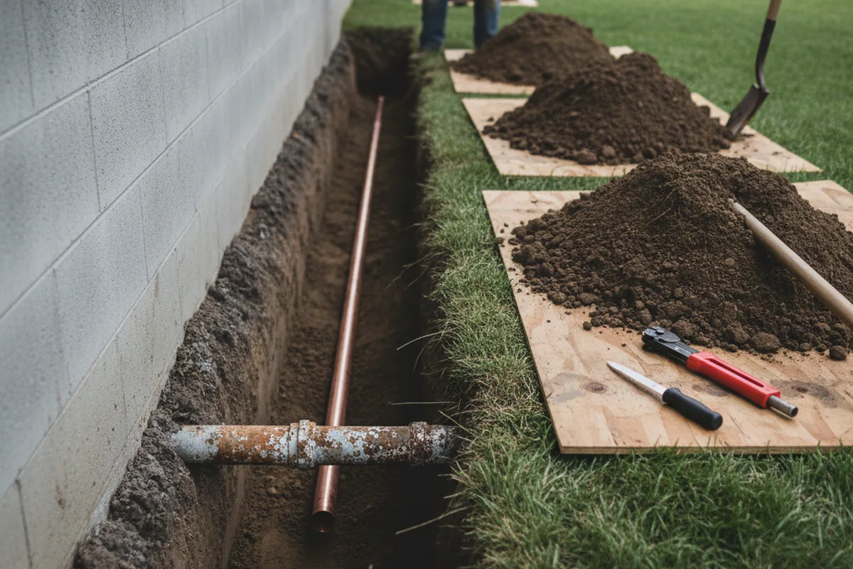 Excavated water line trench during Water Softener Installation in Tannersville